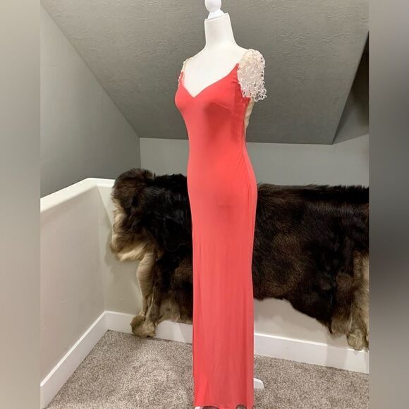 Elegant Crystal Detail Cap Sleeve Jersey Sheath Evening Dress & Sheer Back - Picture 5 of 13